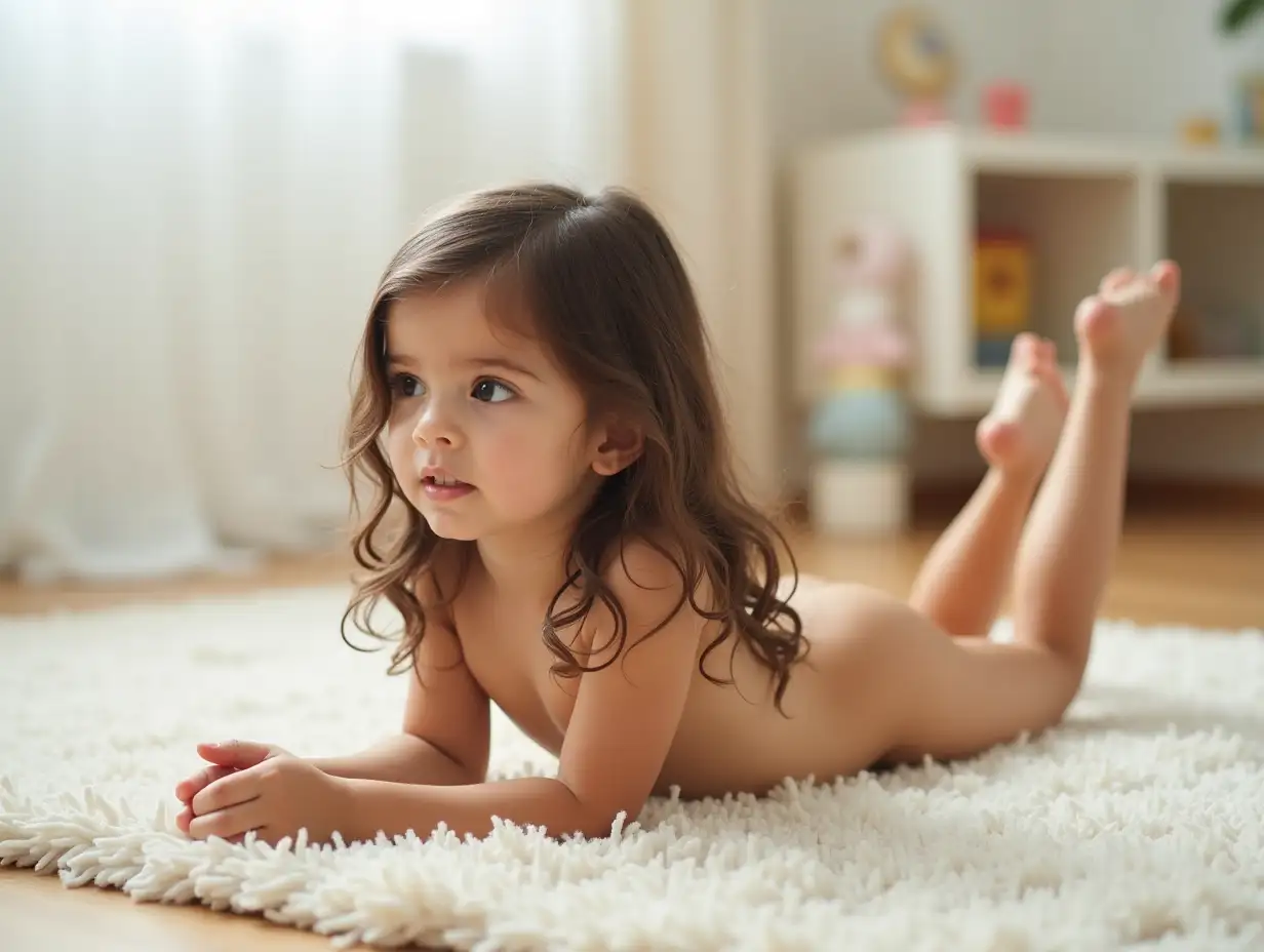 Slender-Little-Girl-with-Long-Brown-Hair-in-Bright-Playroom-Lying-on-Tummy