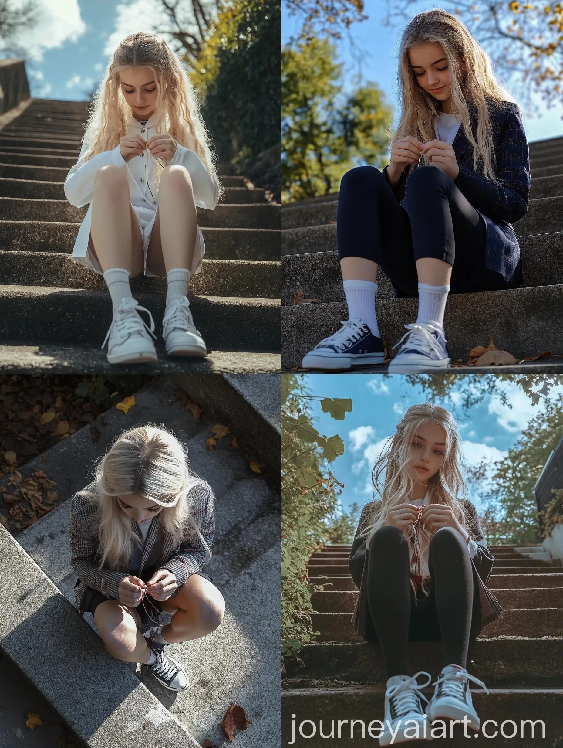 Young-Woman-Tying-Shoelaces-in-Park-Steps-School-Uniform