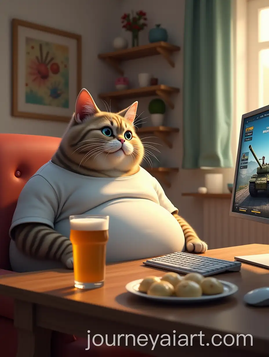 Fat-Cat-Playing-Video-Games-in-Cozy-Room-with-Varenyky-and-Beer