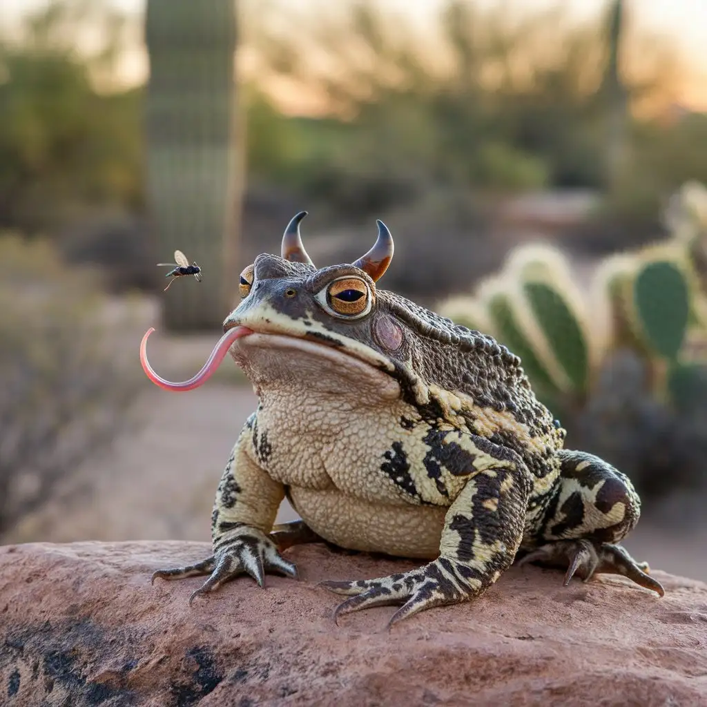 evil Horned toad with its Toung out to catch a fly