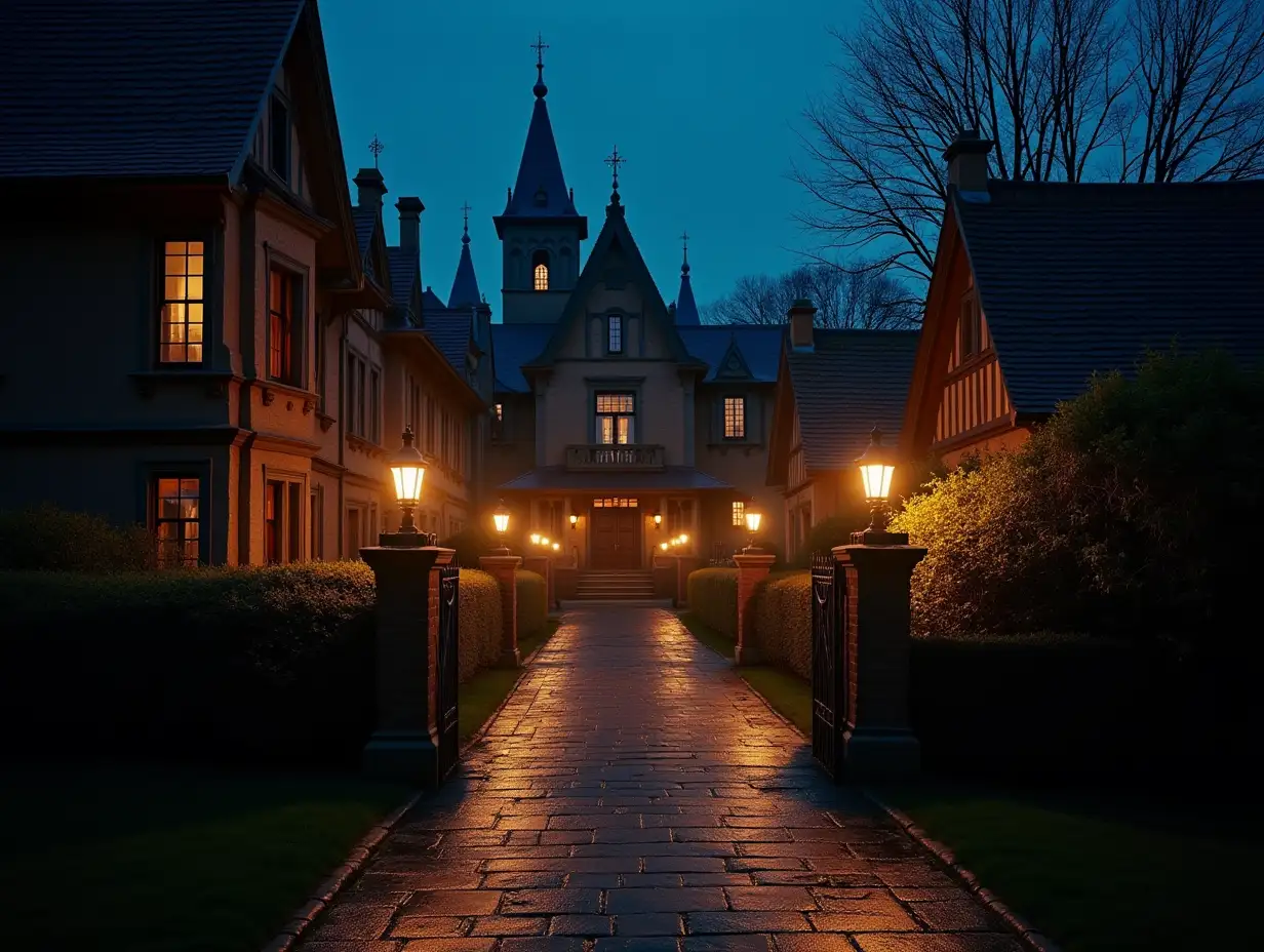 a pov shot of the entrance to a Victorian Age town at night