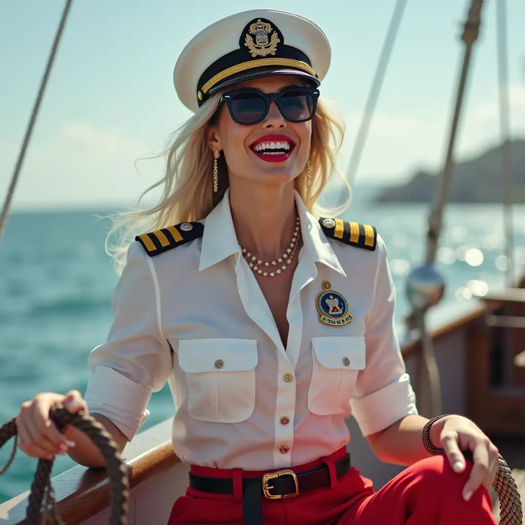 white lady , wearing an button-down ship security officer shirt, laughing with her mouth open, red lipstick accentuating her smile, accessorized with a stylish belt, holding a bull-whip, jewerly, white skin, big wide hips, chest are fully grown, pilot sunglasses, smoking cigarette,  sitting on boat