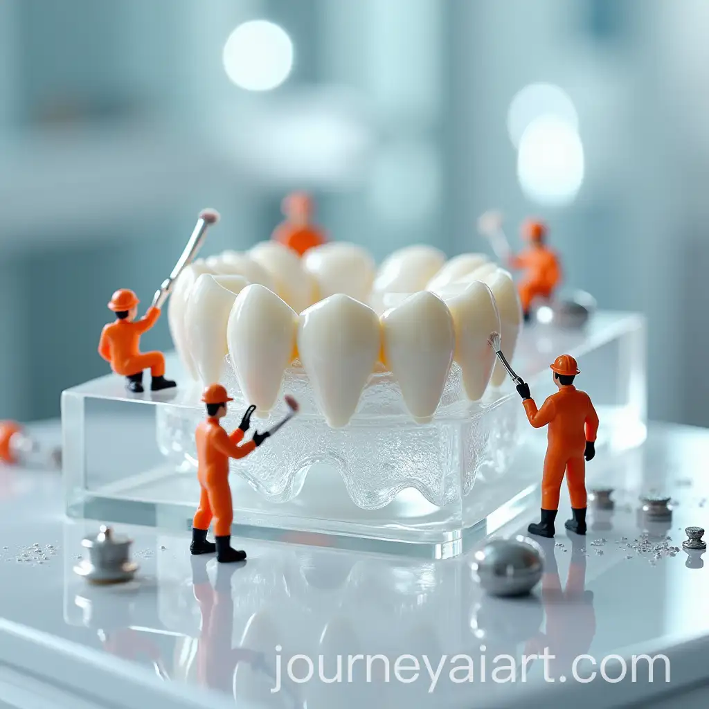 Miniature-Workers-Cleaning-Massive-Dental-Bridge-in-Modern-Clinic