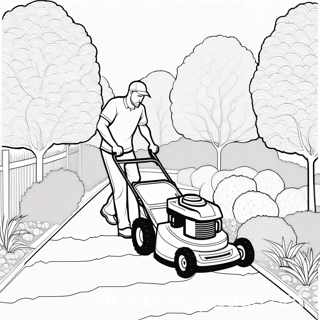 Man-Pushing-Lawnmower-in-Garden-with-Trees-Coloring-Page