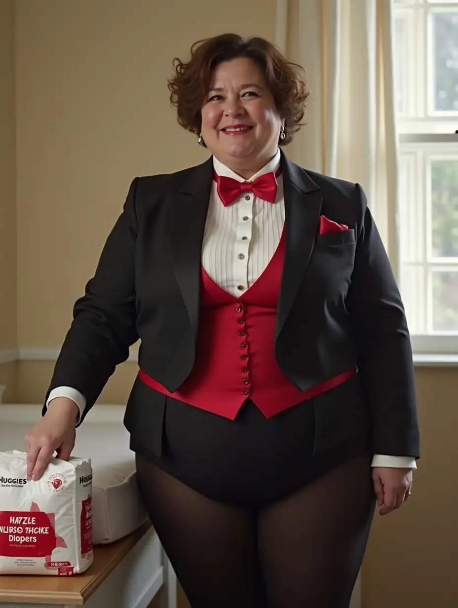 Smiling-Caucasian-Woman-in-Formal-Tuxedo-Unfolding-Huggies-Diaper-in-Nursery