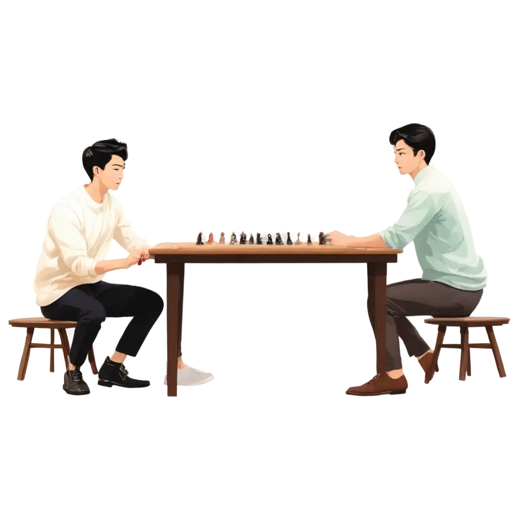 Men sit around and play Chinese chess. Some men stand around and look forward. The view seems to stand in front of men. Illustration image, not real image, not real people, all is illustration men