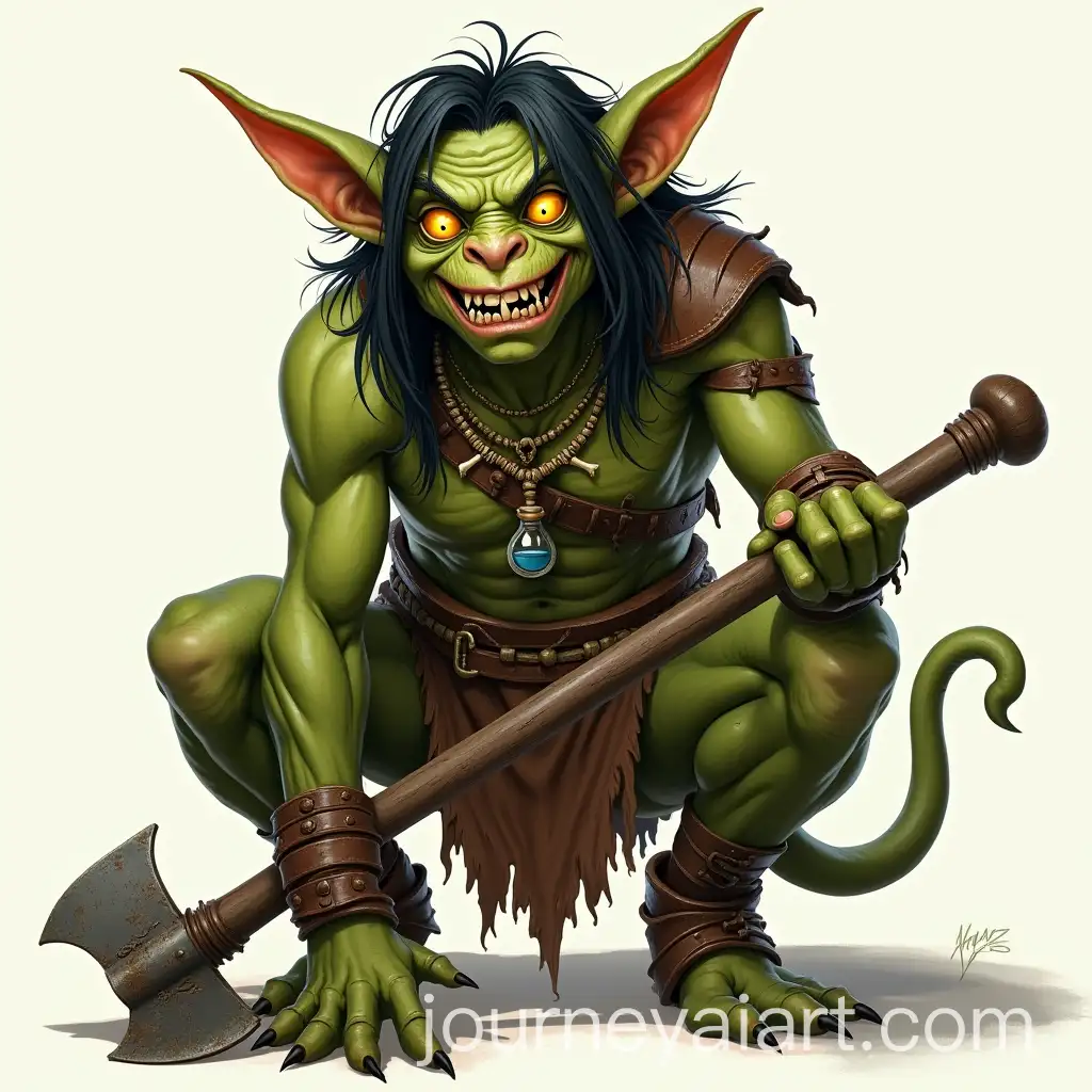 Goblin-with-Pale-Green-Skin-and-Sharp-Claws-in-Leather-Armor-Squatting