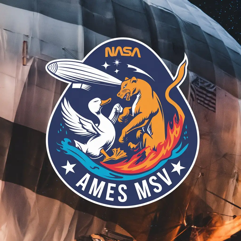 LOGO Design for NASA AMES MSV Duck and Puma Fighting with Water and Fire in a Space Theme with Zeppelin