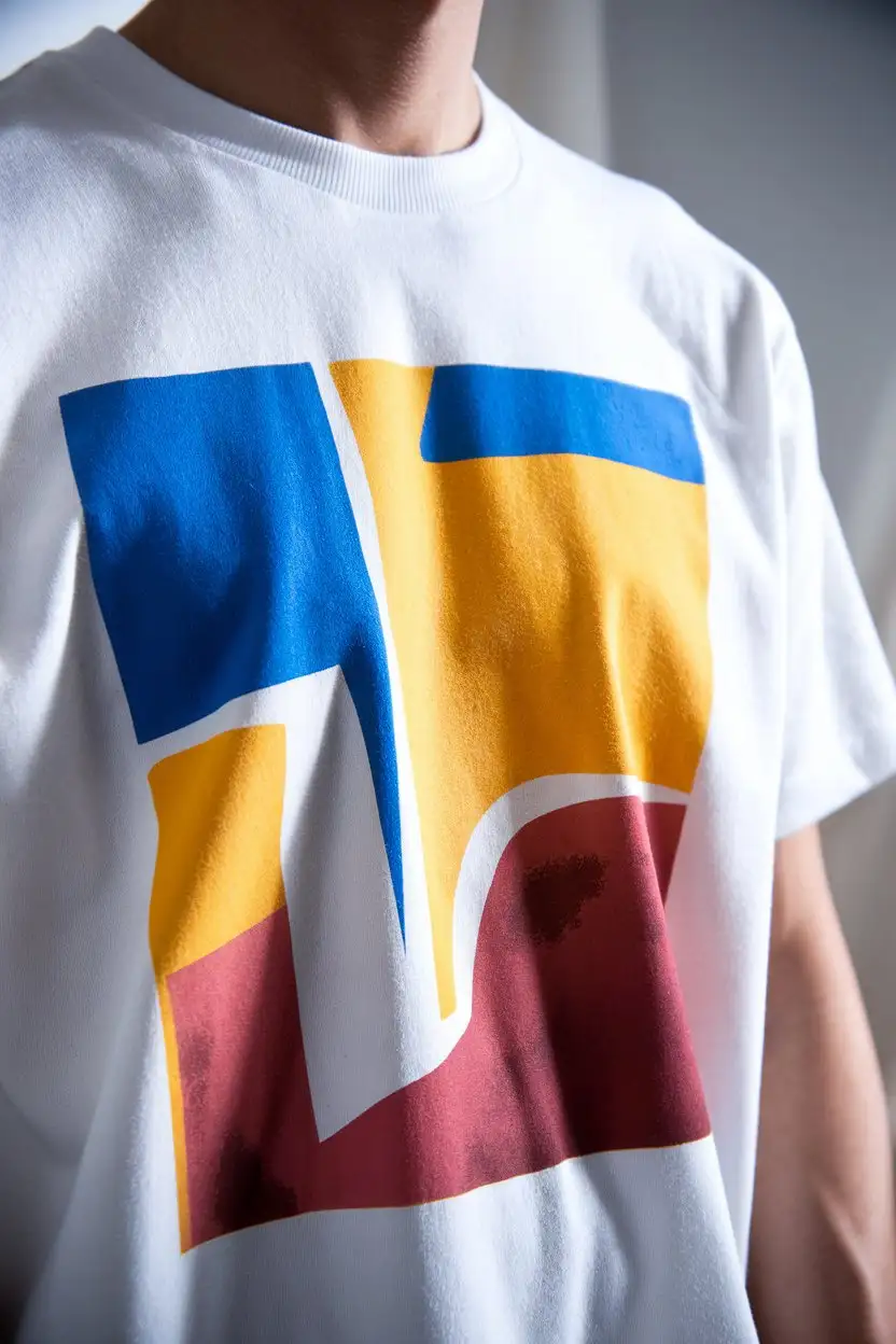 A close-up shot of a person wearing a crisp white cotton t-shirt featuring a vibrant, abstract graphic design with bold geometric shapes in contrasting colors like electric blue, sunny yellow, and deep red. The design should have a slightly textured, hand-painted feel. The background should be a softly blurred, neutral grey. The lighting should be natural and diffused, highlighting the details of the graphic.