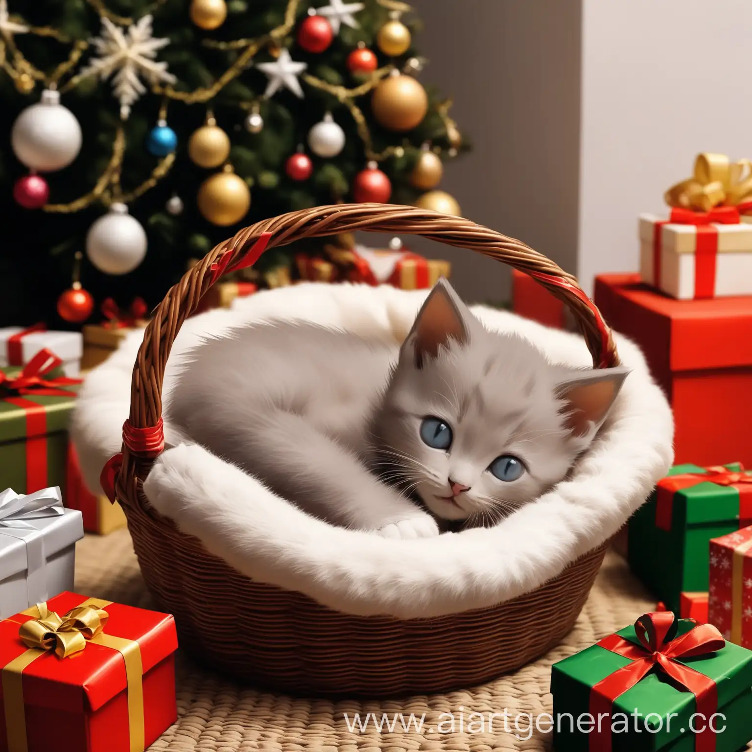 Kitten-Resting-in-Basket-Near-Christmas-Tree-with-Gifts