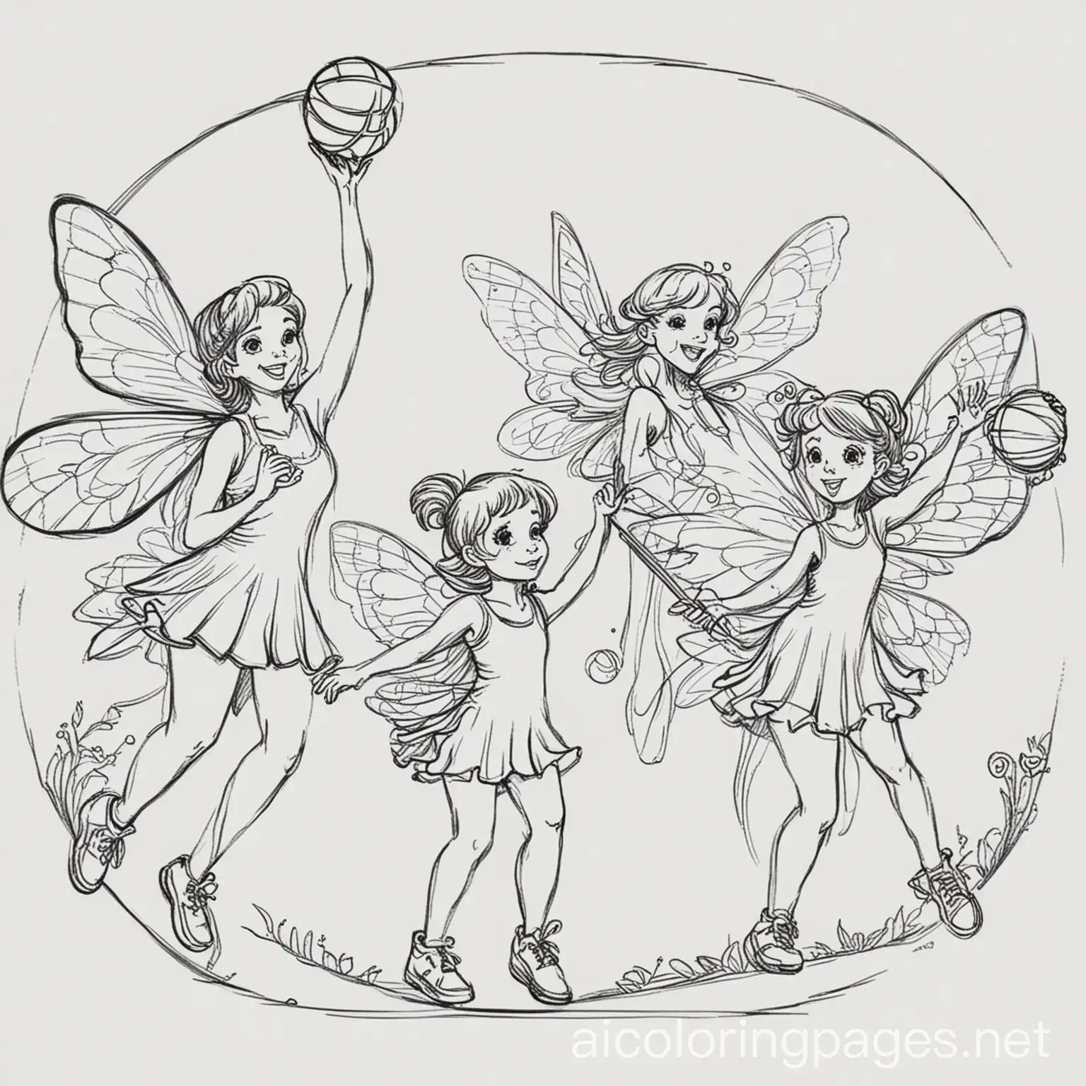 Fairies-Playing-Netball-Coloring-Page-Black-and-White-Line-Art