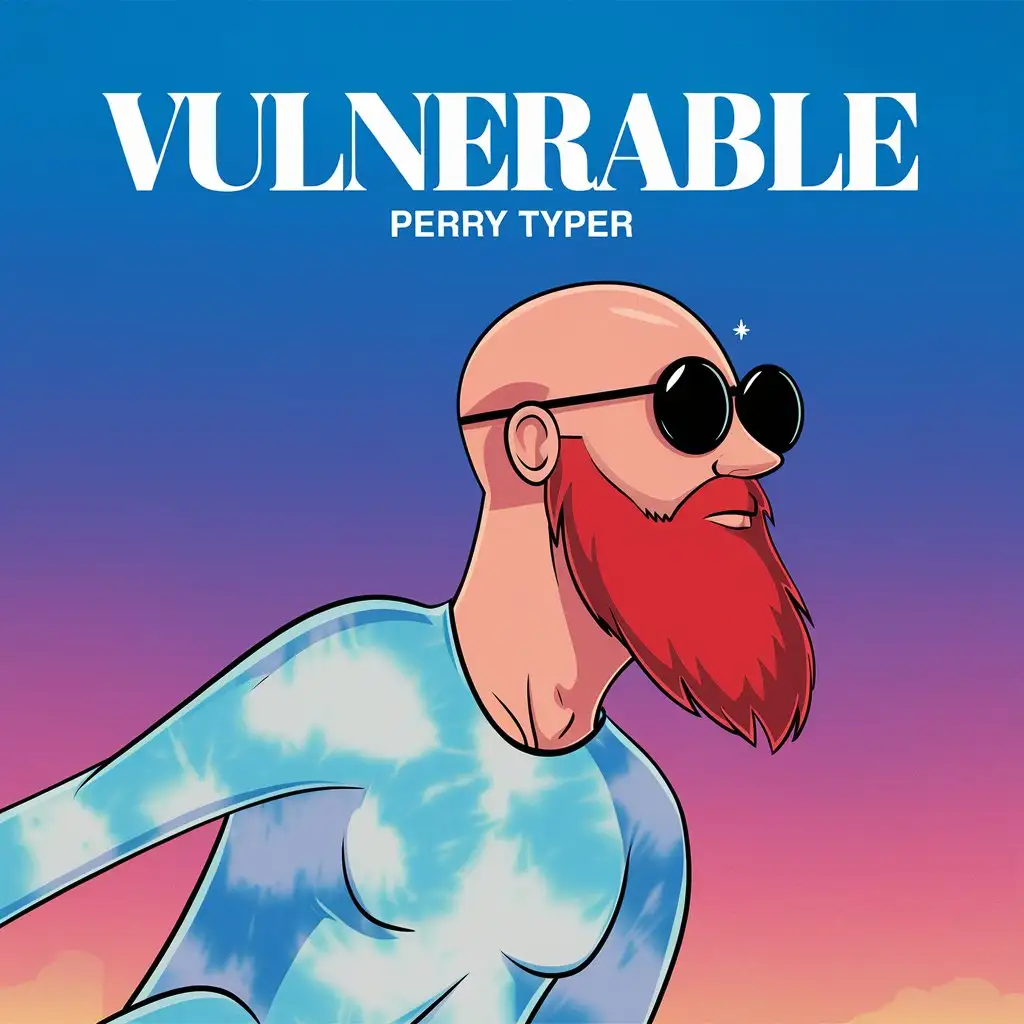 Cinematic Cartoon Album Cover Sexy Thin Bald Man with Red Beard in Sky