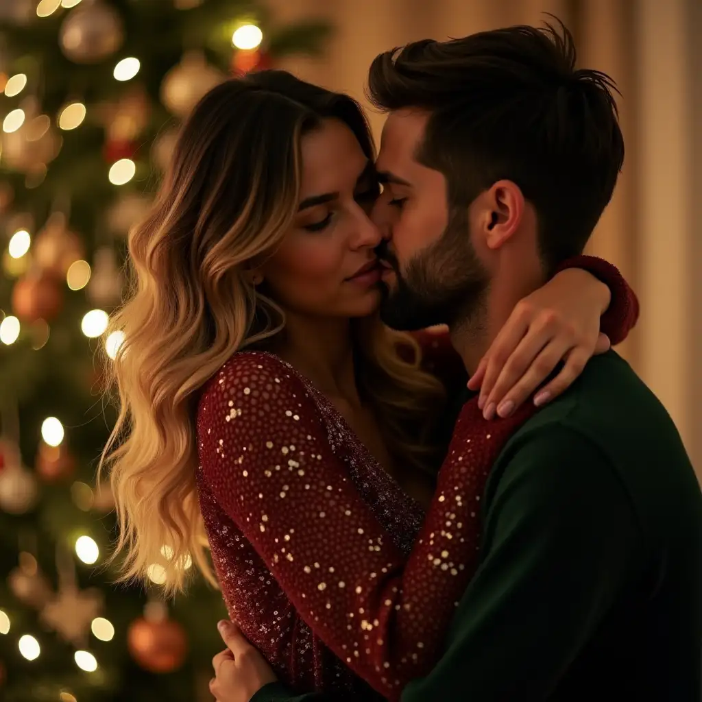 Juicy Maria and skinny dimitris are hugging in front of the Christmas tree. Maria is 28 and has balayage hair, dimitris is 39, he has a beard and short hair.