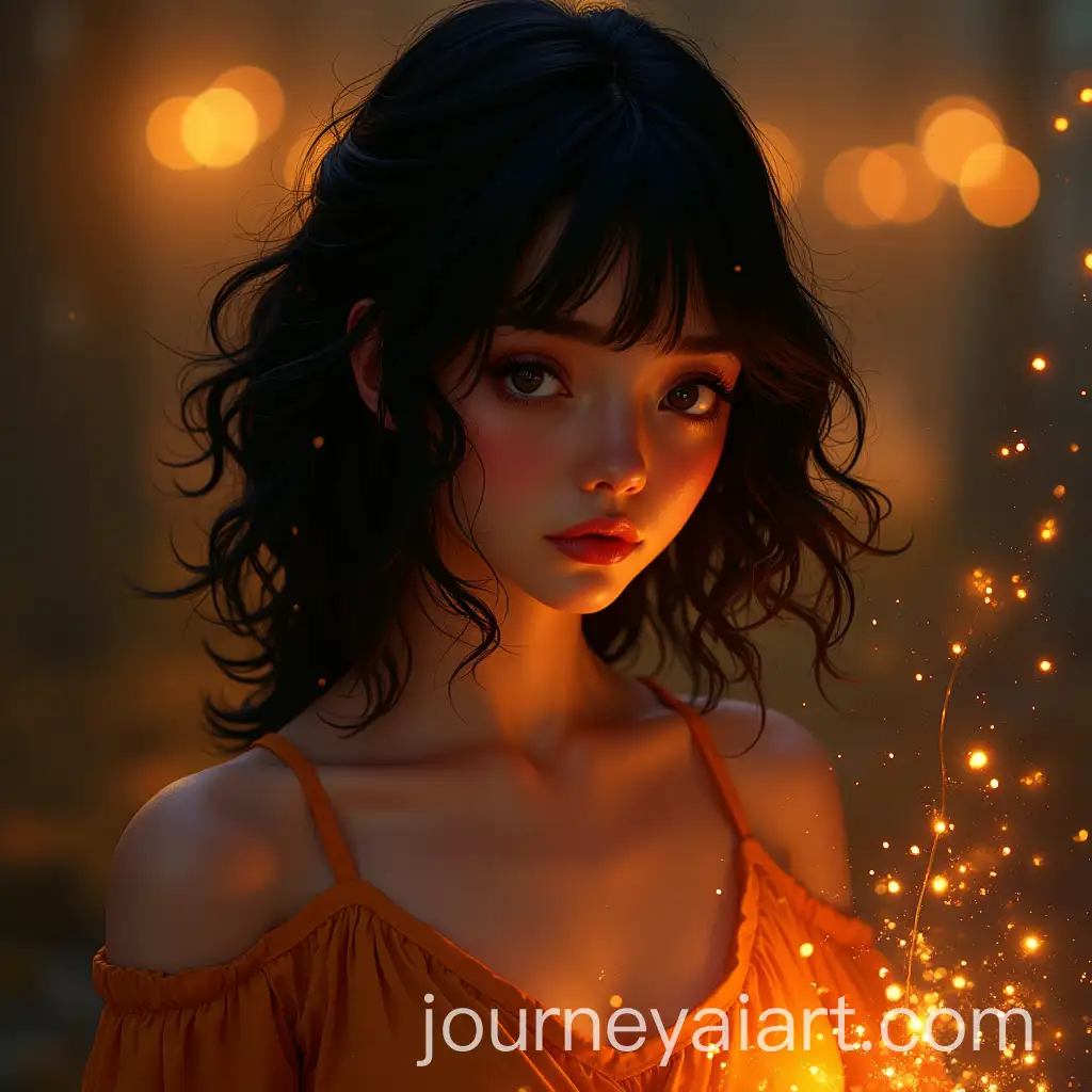 Artistic-Girl-with-Dark-Hair-Surrounded-by-Evening-Lights-and-Saffron-Tones