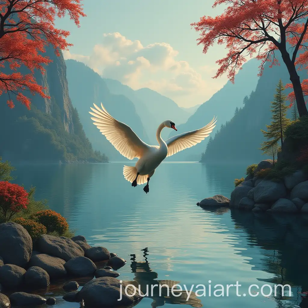 Swan-Flying-Over-theAI-Image-Prompt-Expansion-Sea-with-Red-Stones-and-Old-King-Palace-in-the-Background