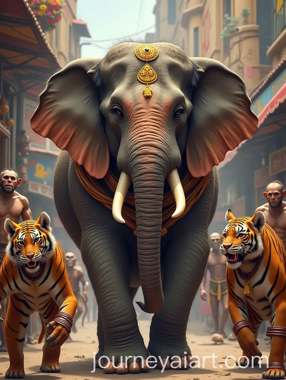 Muscular-Elephant-with-Katar-Surrounded-by-Monkeys-Tigers-and-Cobras-in-Lively-Indian-Market