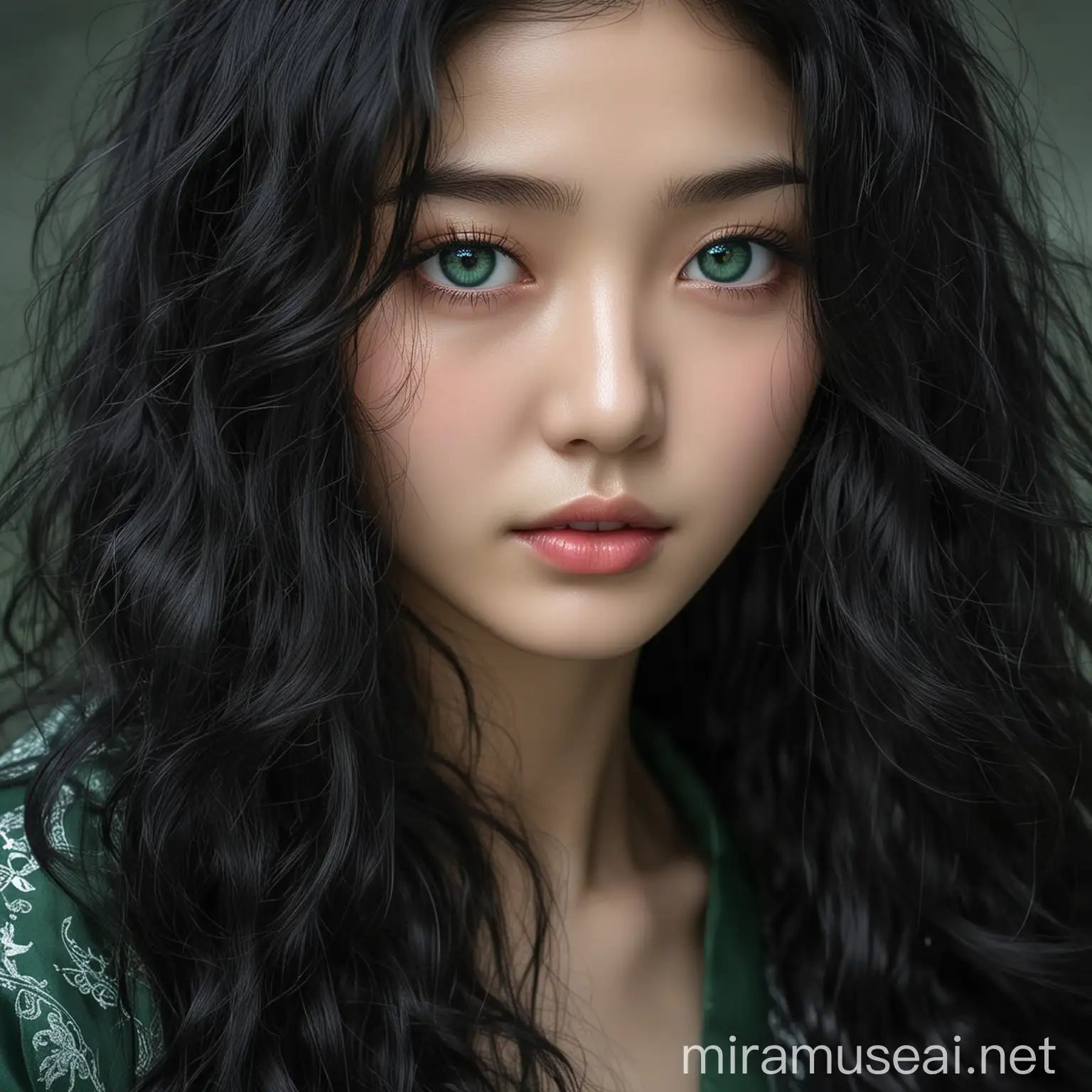 Elegant Korean Woman with Long Wavy Black Hair and Emerald Green Eyes