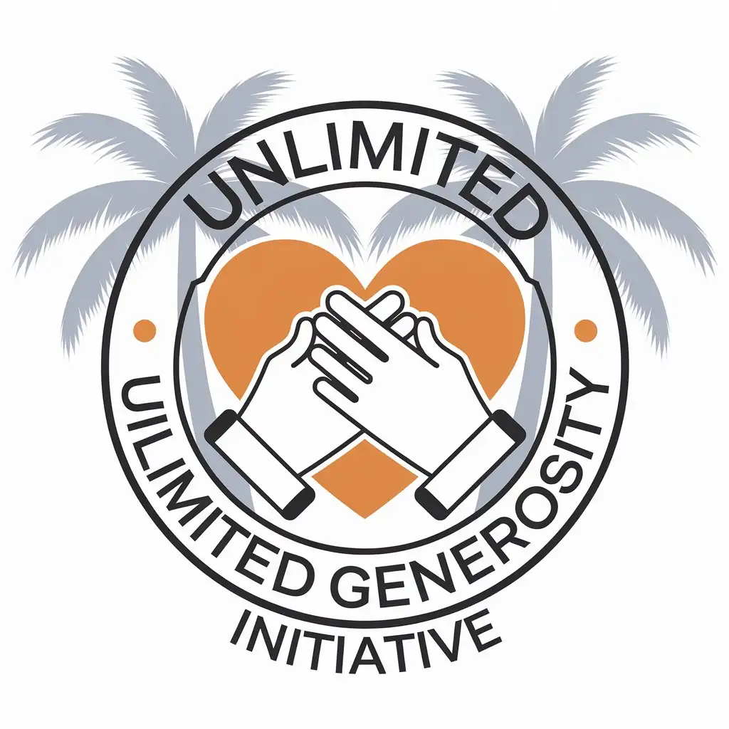 a vector logo design,with the text "unlimited generosity initiative", main symbol:hands in the middle of heart embracing them palm trees,Moderate,be used in Nonprofit industry,clear background