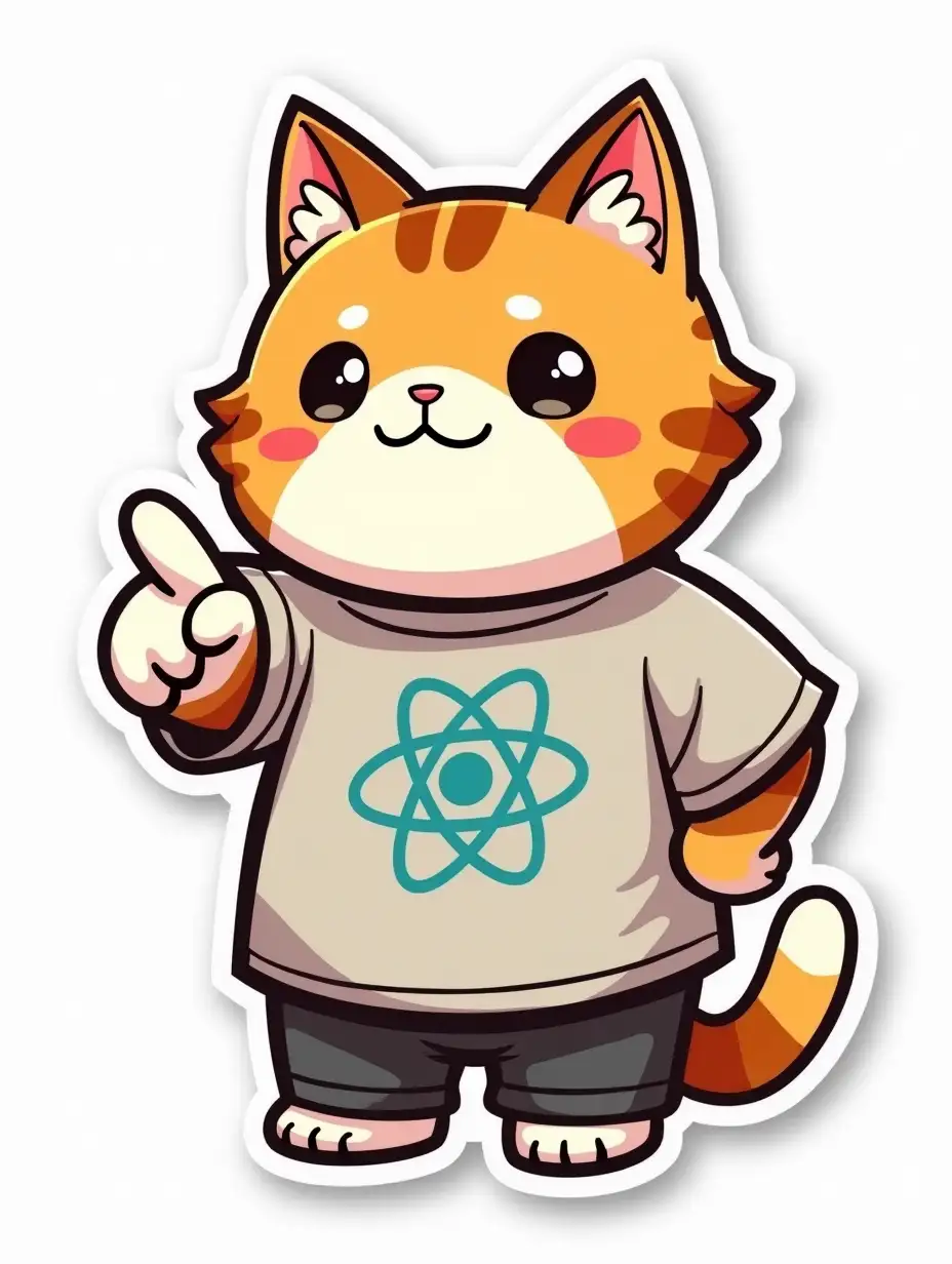 A curvilinearly cut sticker depicting a kawaii positive fluffy little cat in office clothes with an atom symbol on t-shirt. The cat points his finger towards the person looking at the center of the image. Vibrant and dynamic die cut sticker design top-view, high resolution, vector art, white background, paint in anime style