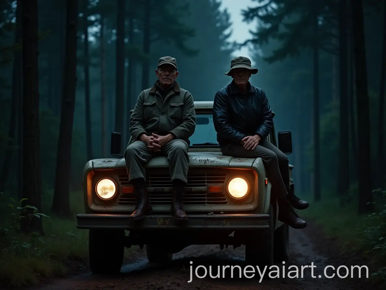 Two-Old-Hunters-Sitting-on-a-Rusty-Pickup-in-a-Dark-Forest-at-Night