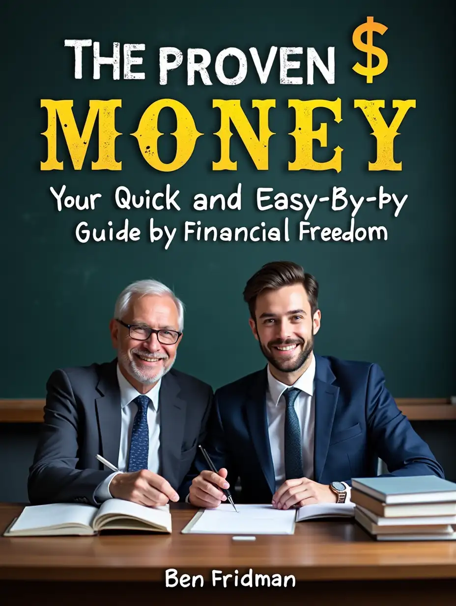 The Proven Money Blueprint Your Quick and Easy Step-by-Step Guide to Financial Freedom, By, Ben Friedman  BOOK COVER   include the following title: T CREATE A BOOK COVER  with a youngish middle age sharp man a woman  professors, dressed casual businesses sitting at desk with  books and  a blackboard behind them include the  book title on a big space on the backspace