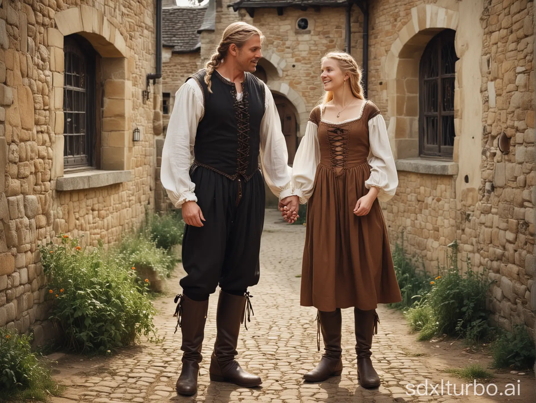 A burly cook and a gaunt middle-aged man in a medieval castle came out to greet a handsome tall man with shoulder-length russet hair, wearing a black medieval camisole and brown boots, and a young chubby blonde, with fluffy long braids and a simple peasant dress. Against the background of a medieval farmstead in a castle.