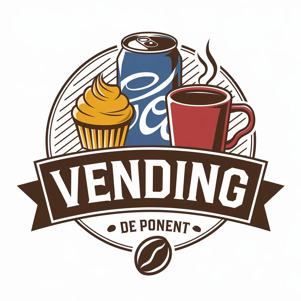 LOGO Design for VENDING DE PONENT Yellow Cupcake Blue Soda Can and Hot Red Coffee Mug Theme