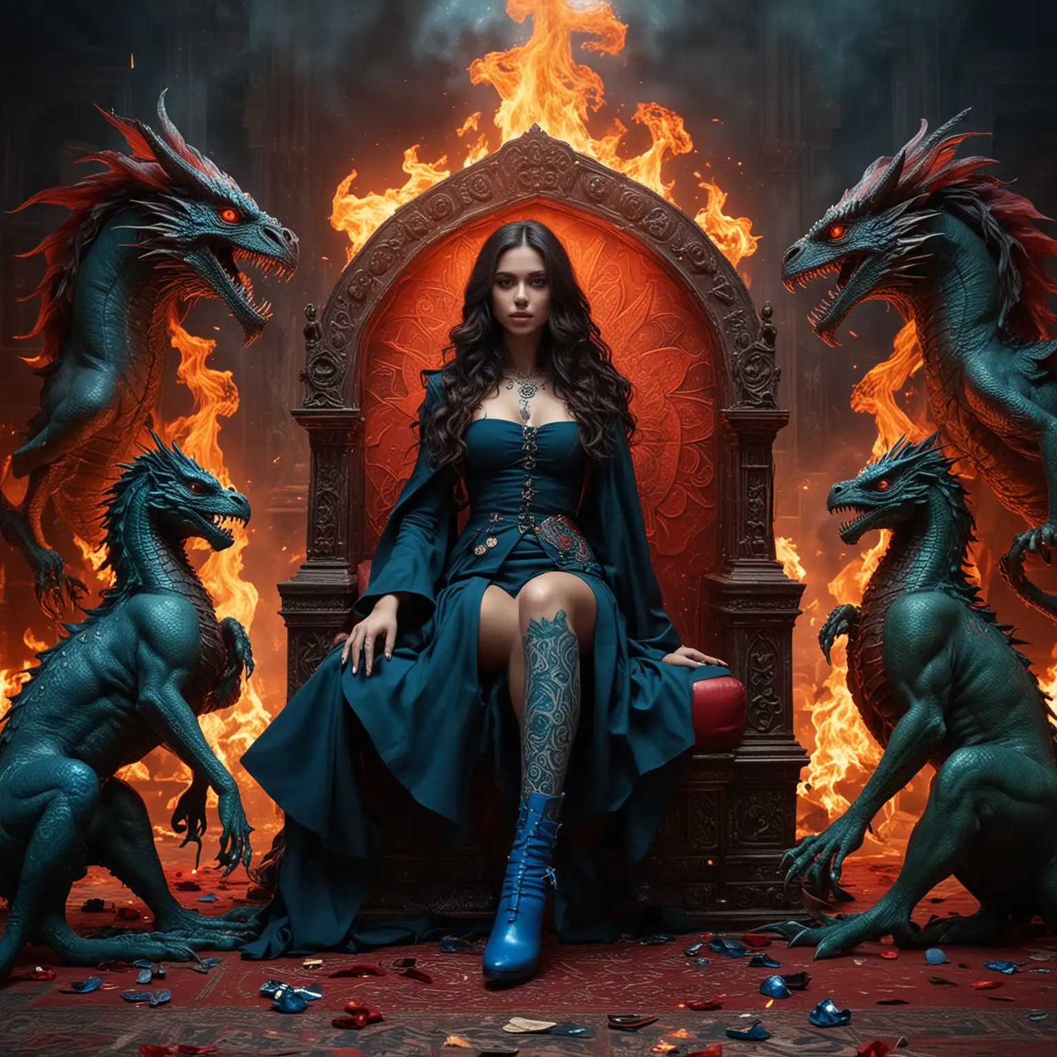 Majestic Alien Sorceresses Commanding Fiery Dragons