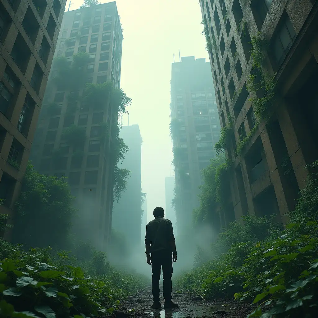 A lone survivor standing in an overgrown city where nature has reclaimed skyscrapers, and vines hang from broken windows.