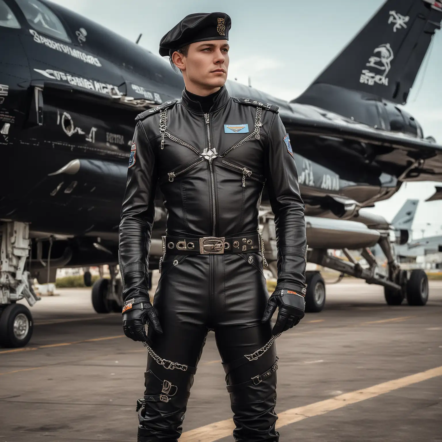 Young man Space Force Officer, clad in tight figure hugging black leather uniform, fetish design, epaulets, belts, zips and chains, black-leather Military Cap, small logo of 'Saturn' on the cap, tall black riding boots, stands gloved hands on hips. on deck of air-borne plane carrier, next to futuristic space plane, in dystopian future world,