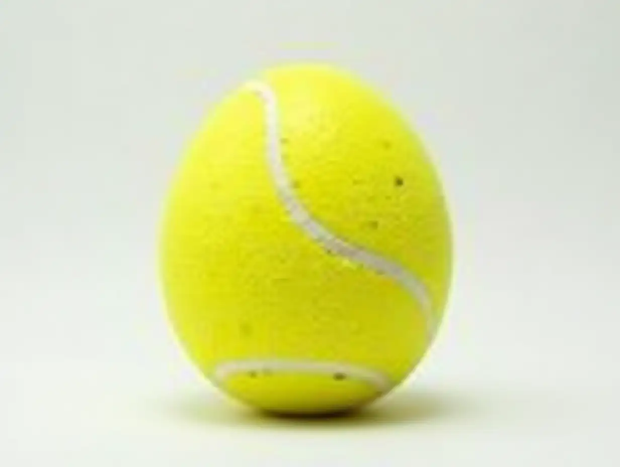 An artistic rendering of an egg designed to resemble a tennis ball. The egg is vibrant yellow with white curved lines mimicking the seams of a tennis ball, featuring a slightly textured surface for realism. The design is minimalistic, placed against a neutral background like white or light gray to emphasize the creative fusion of sports and nature.