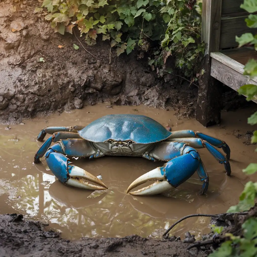 Giant blue crab in a mud puddle