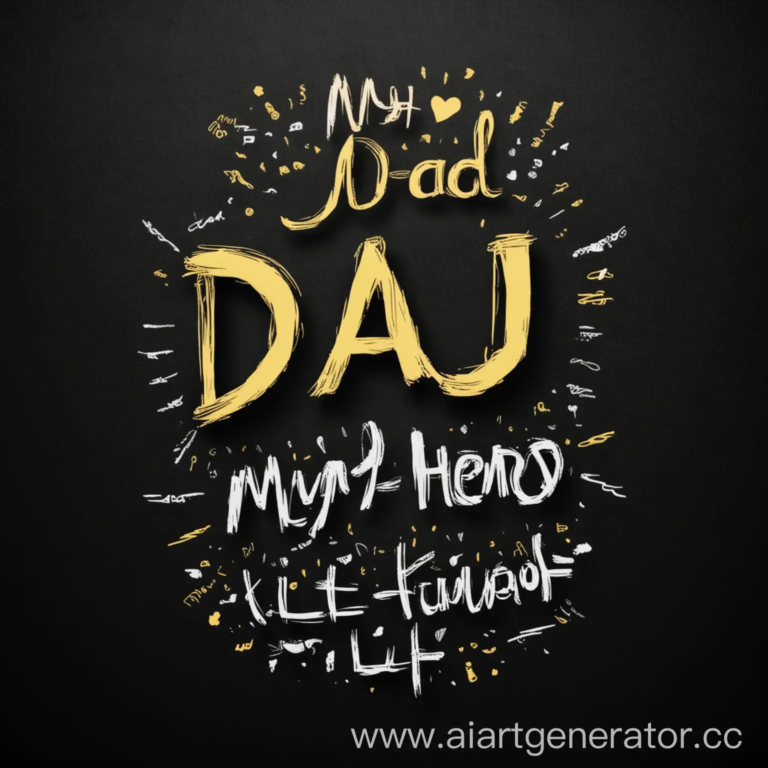 Create a text " My Dad is my hero , both in life and on road ... use simple handwriting font on black background with small emotion elements like hi-fi of dad and kid