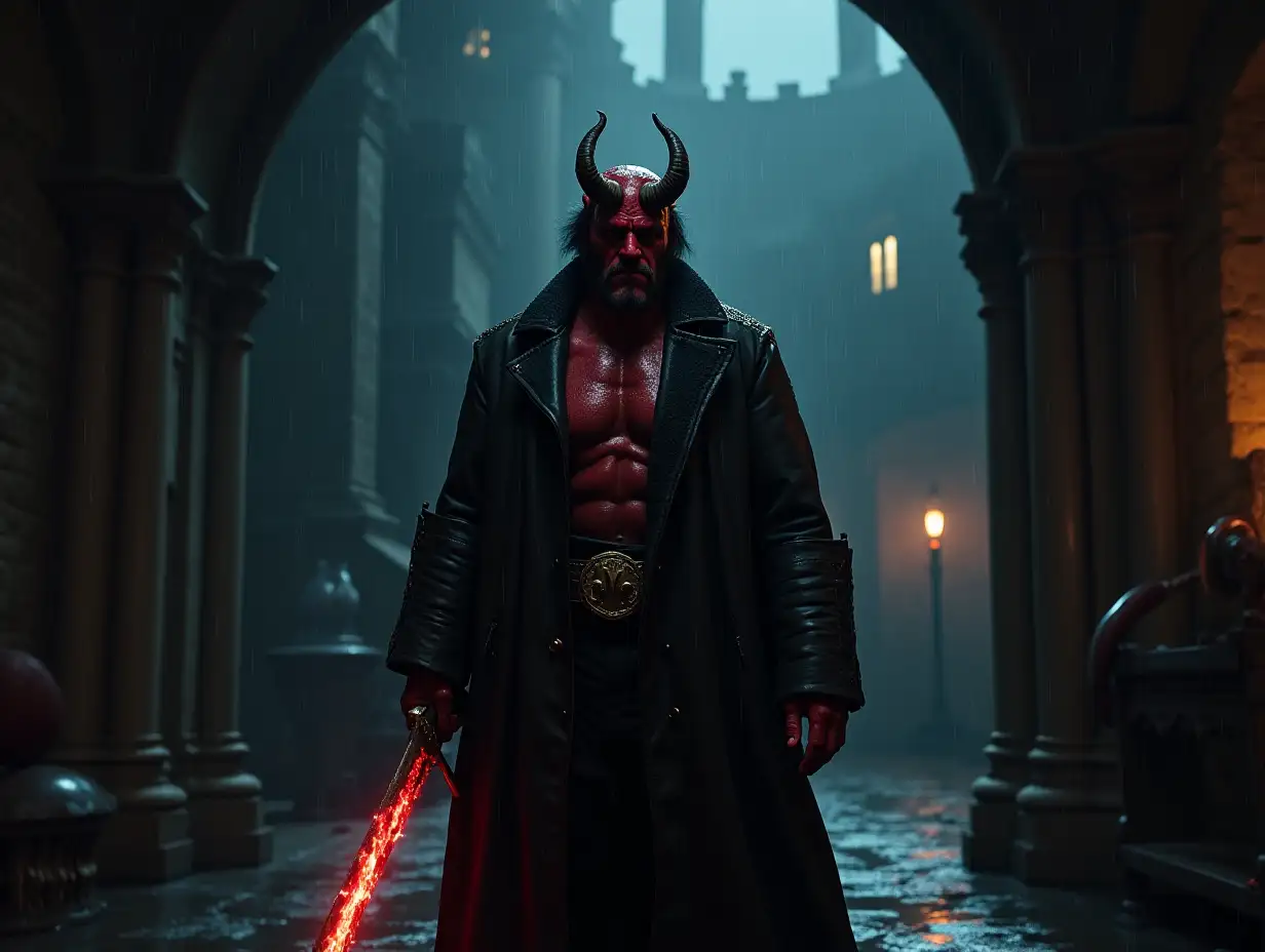 Hellboy-Ron-Perlman-Battling-Vampires-in-the-Rain-at-Night-in-an-Ancient-Castle