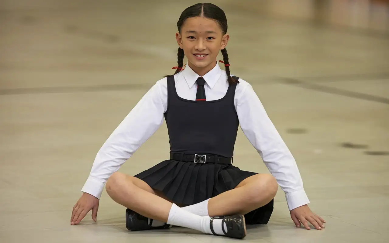 11YearOld-Chinese-Boy-in-School-Hall-Wearing-Black-Tank-Leotard-and-Pleated-Skirt