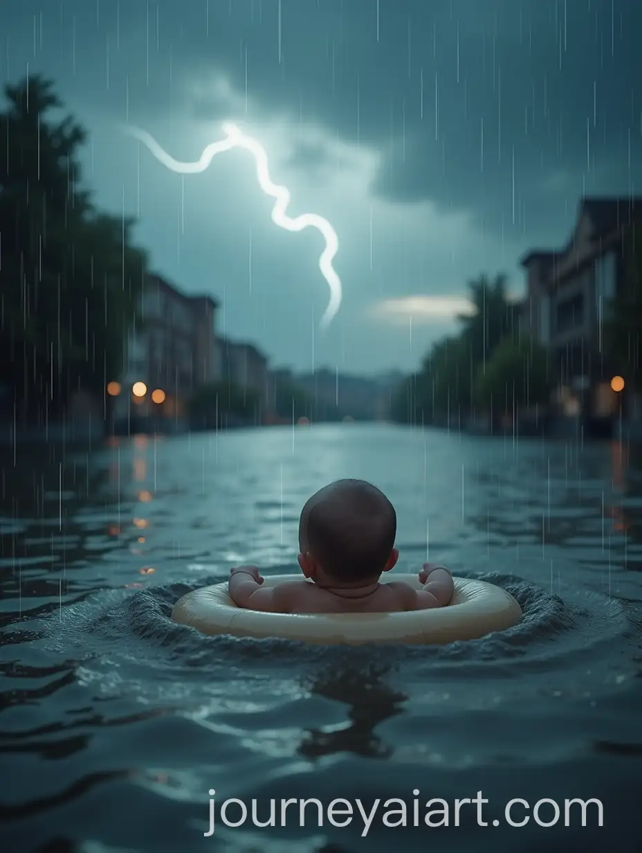 Baby-Floating-on-a-Bed-Amidst-a-Flooded-City-During-a-Storm