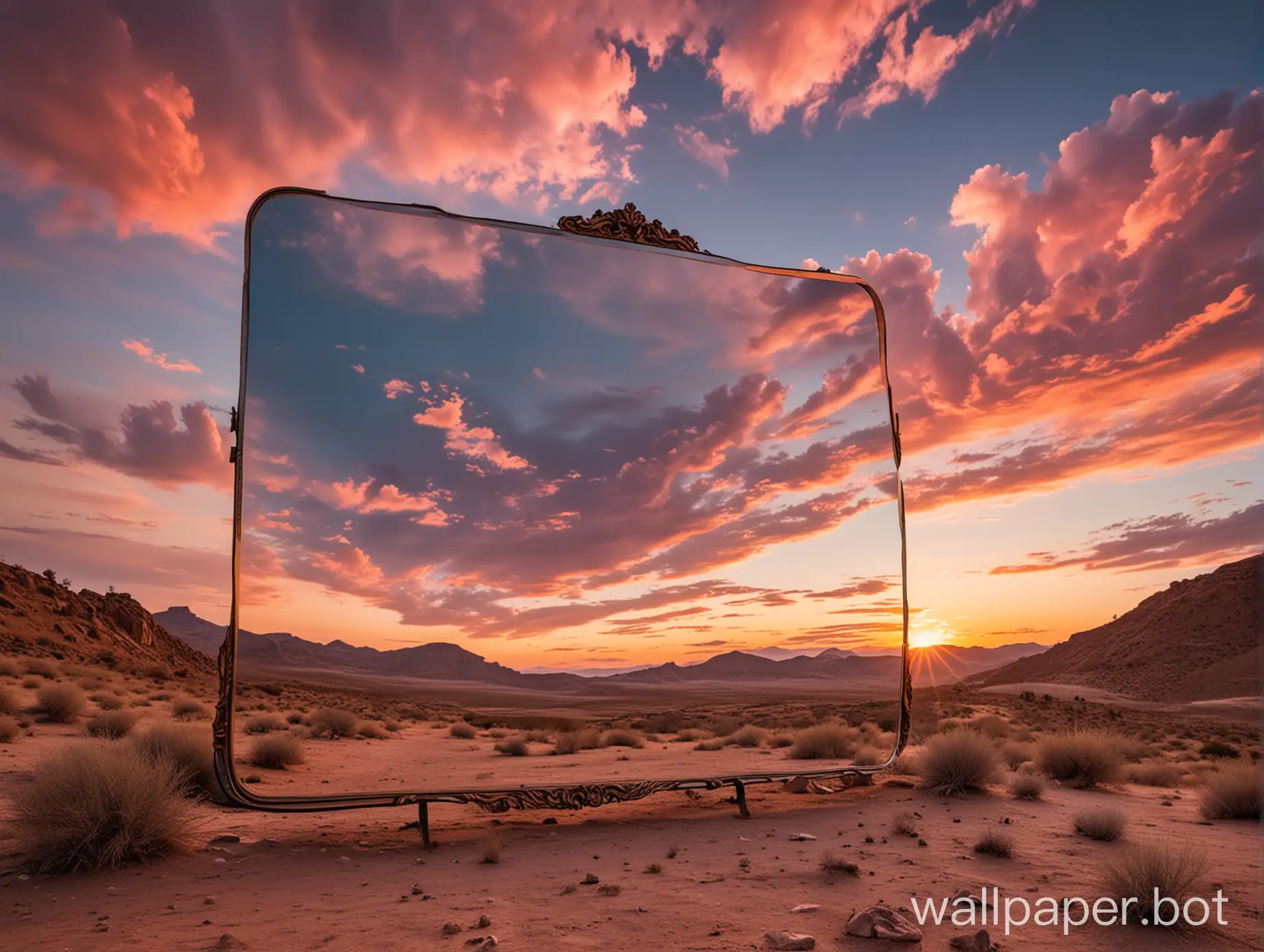 a big mirror above a hill in the middle of desert at sunset pinky clouds