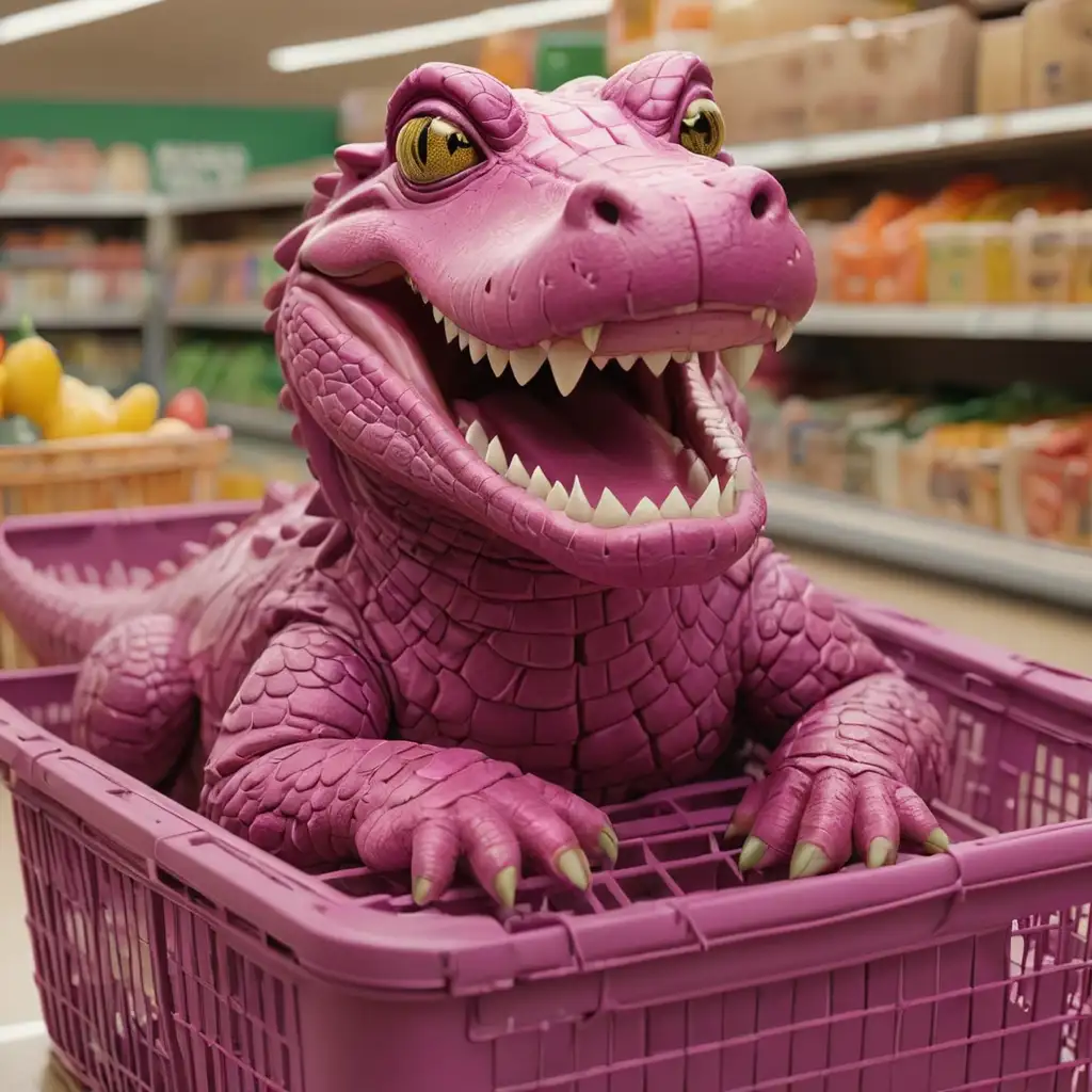 Magenta Crocodile Relaxing in Grocery Basket