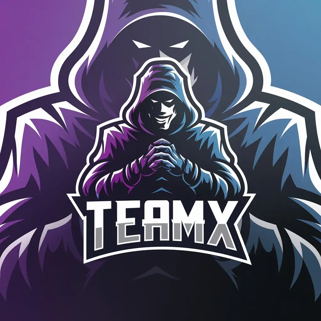 LOGO Design for TeamX Mysterious Figure in Hoody with Transparent Purple to Blue Gradient