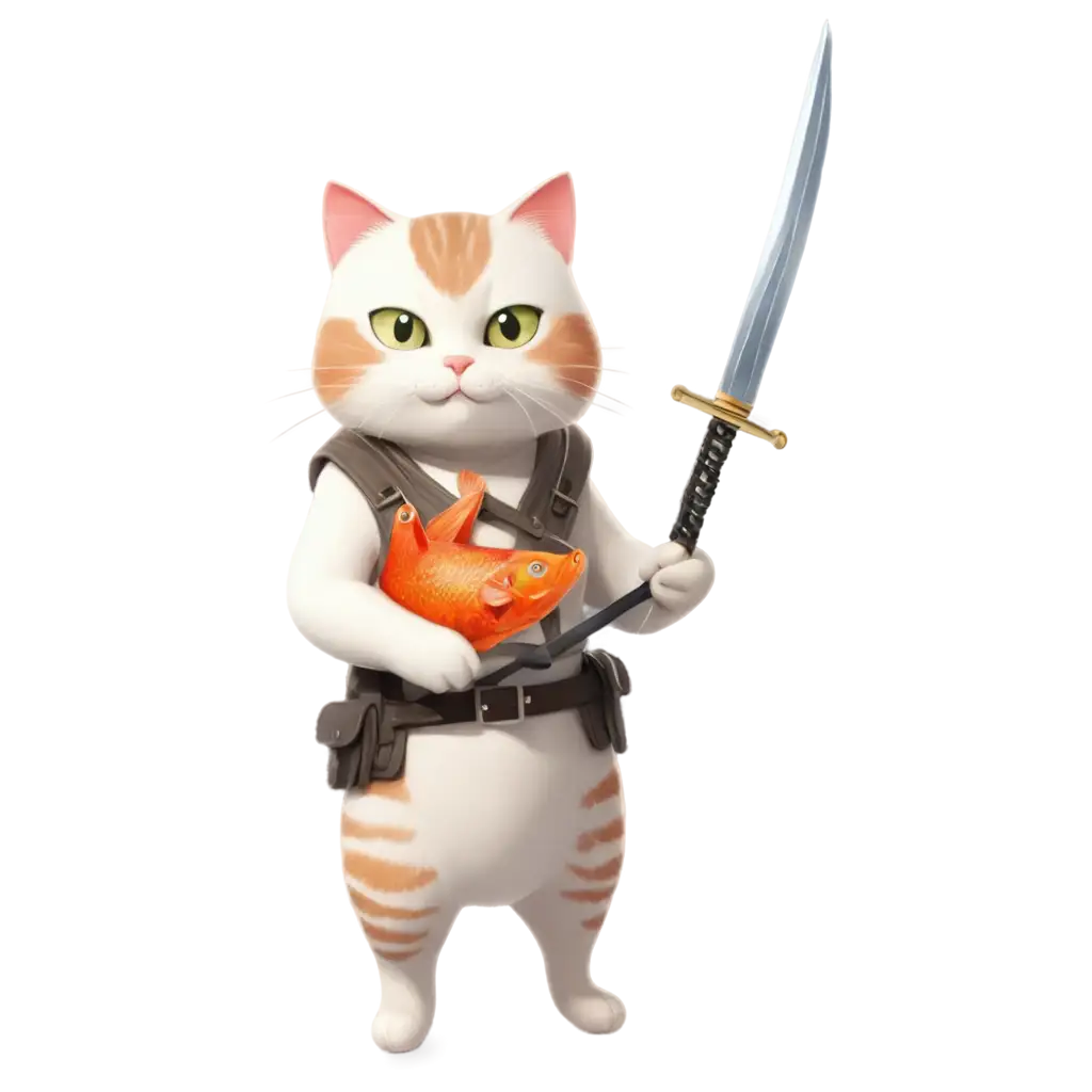 anime cat hero in market hold a fish with a sword on his back