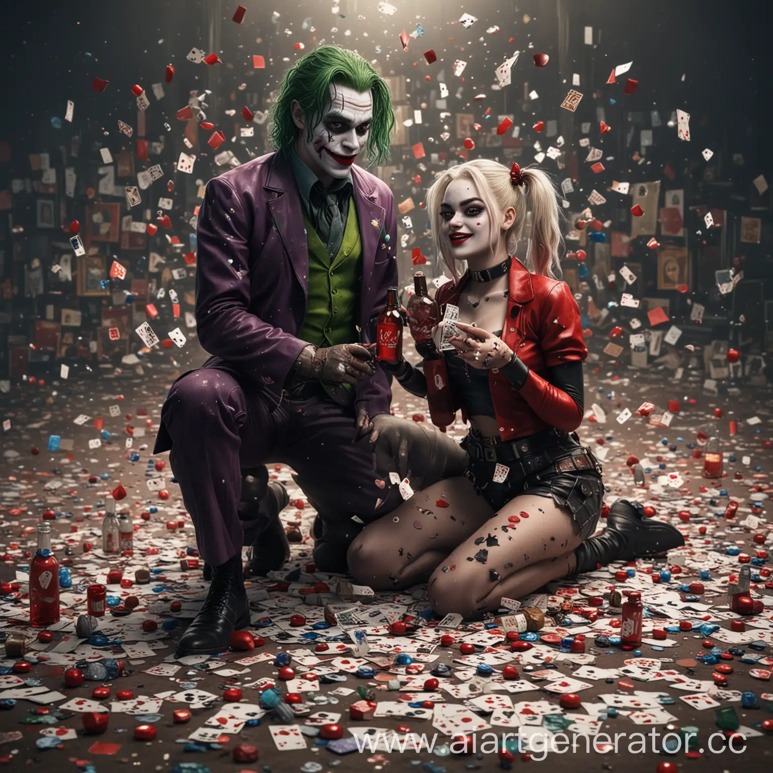 Colorful-Joker-and-Harley-Quinn-with-Bottles-and-Scattered-Cards