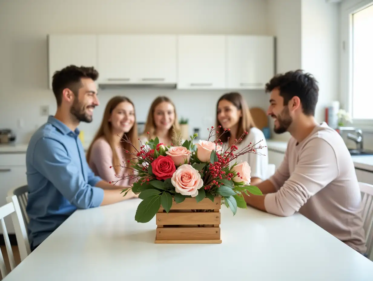 cozy kitchen in a bright apartment, family of 5 sitting, on the white table composition of flowers in a wooden box, arrangement of roses, branches of nobilis, red berries. Everyone is smiling, one member of the family is a teenage boy with short dark hair.