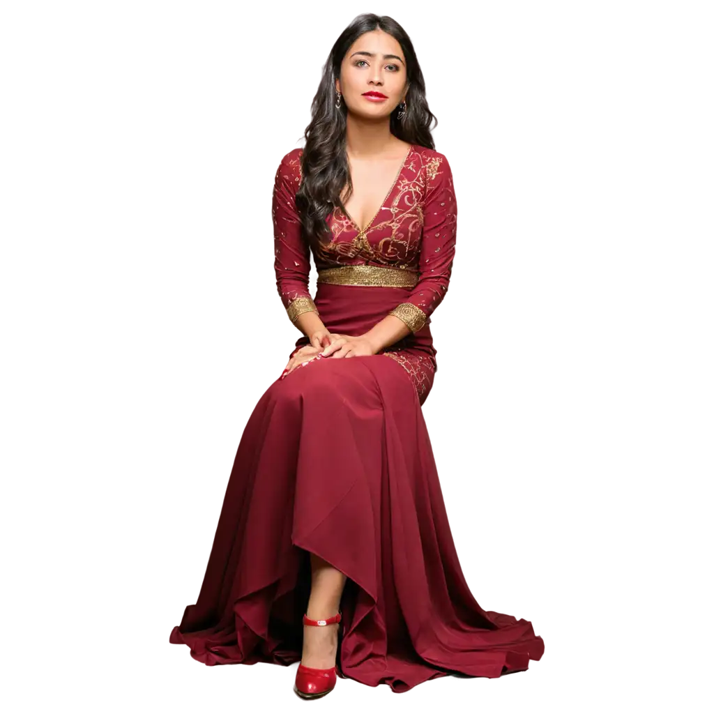 Beautiful-Lady-Sitting-Pose-in-Maroon-Red-Dress-PNG-Image