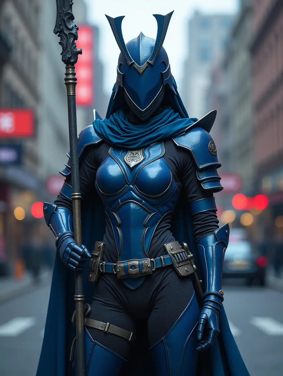 Female Kamenrider blue, realistic, full body, city, armor, mask, holding spear