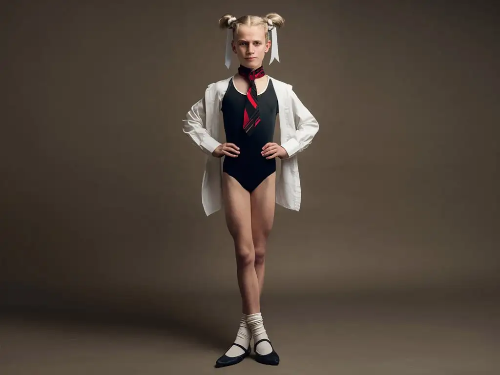 Blond-Teen-Boy-in-Black-Tank-Leotard-with-MaryJane-Shoes-and-Tie