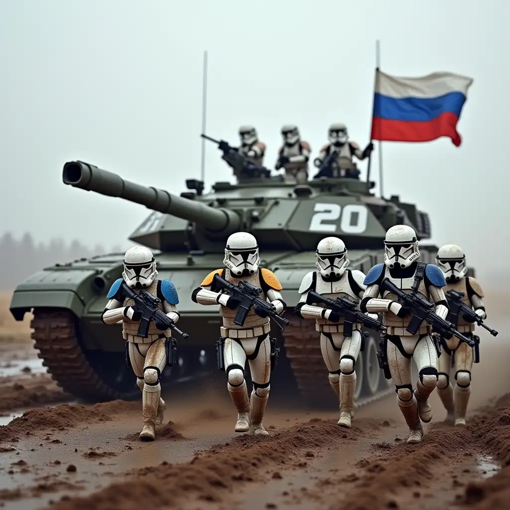 Russian tank t-90m with a white letter z in the combat zone. Ten Star Wars commandos clones run near the tank, their armor painted in the Russian flag, They are covered in mud, One of them holds the Russian flag, five of them have Kalashnikov assault rifles, two of them have Kalashnikov machine guns, two of them have sniper rifles.