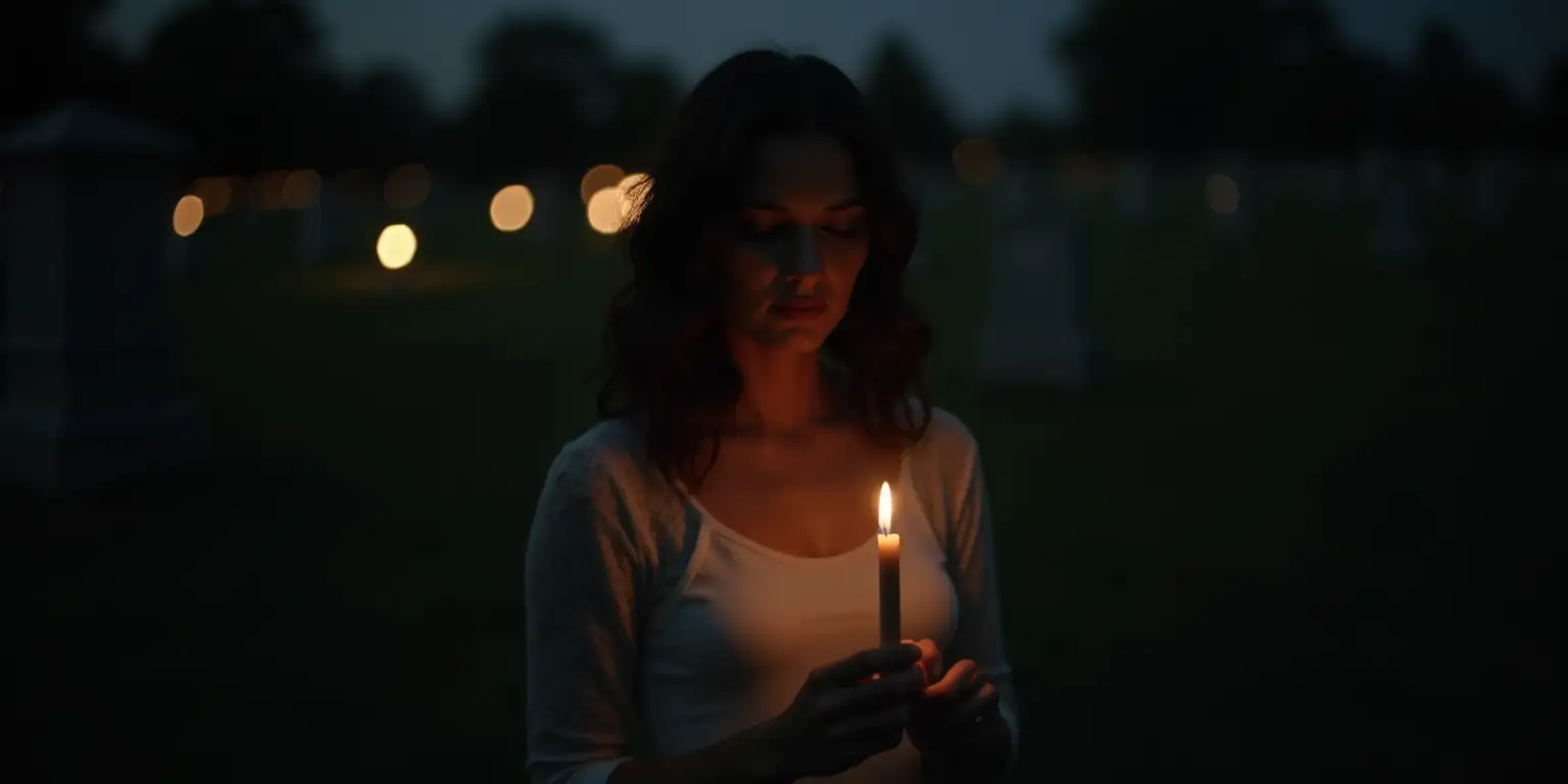 Woman with Candle Illuminating a Cemetery at Dusk