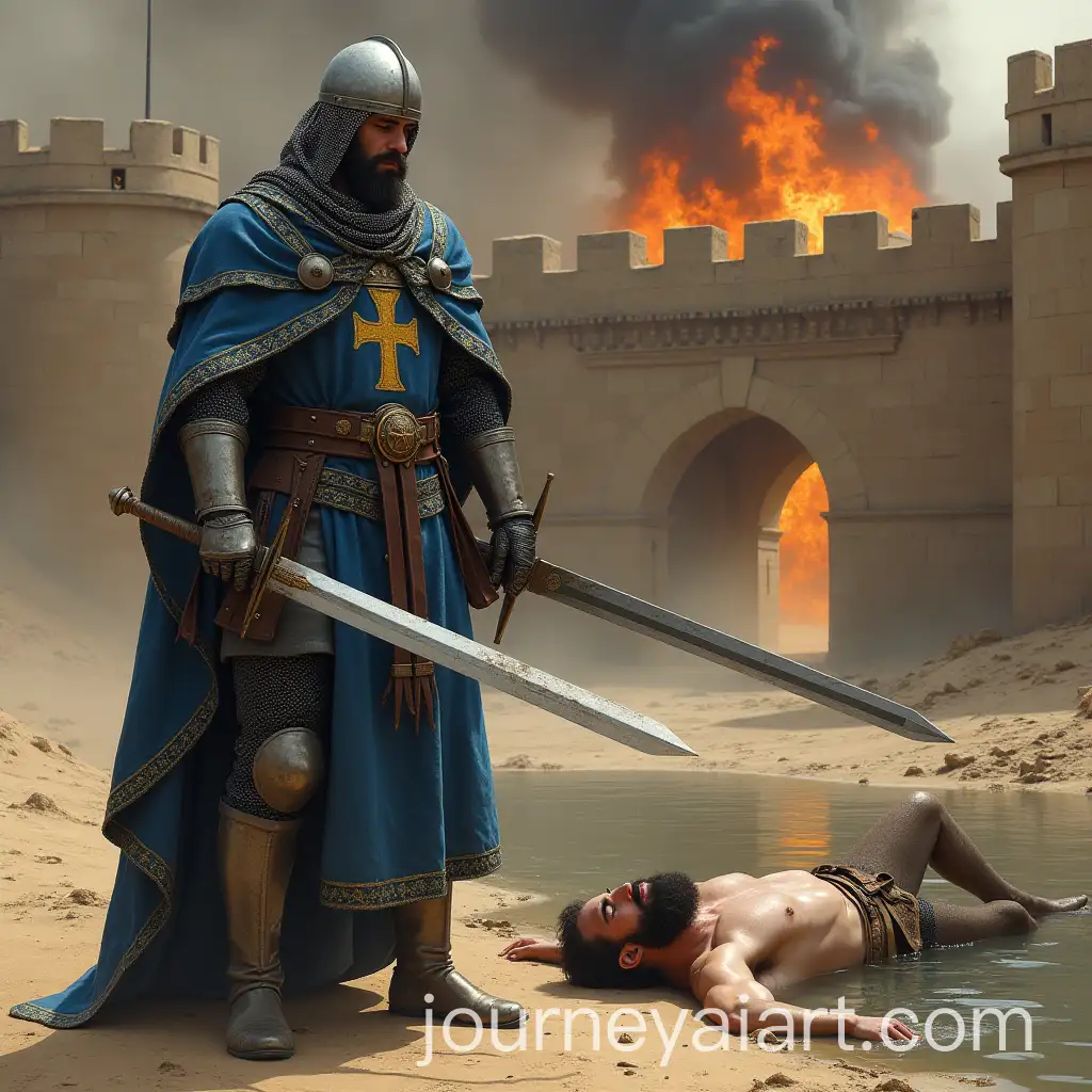 Knight-Crusader-Standing-Near-a-Burning-Fortress-with-a-Fallen-Sheikh