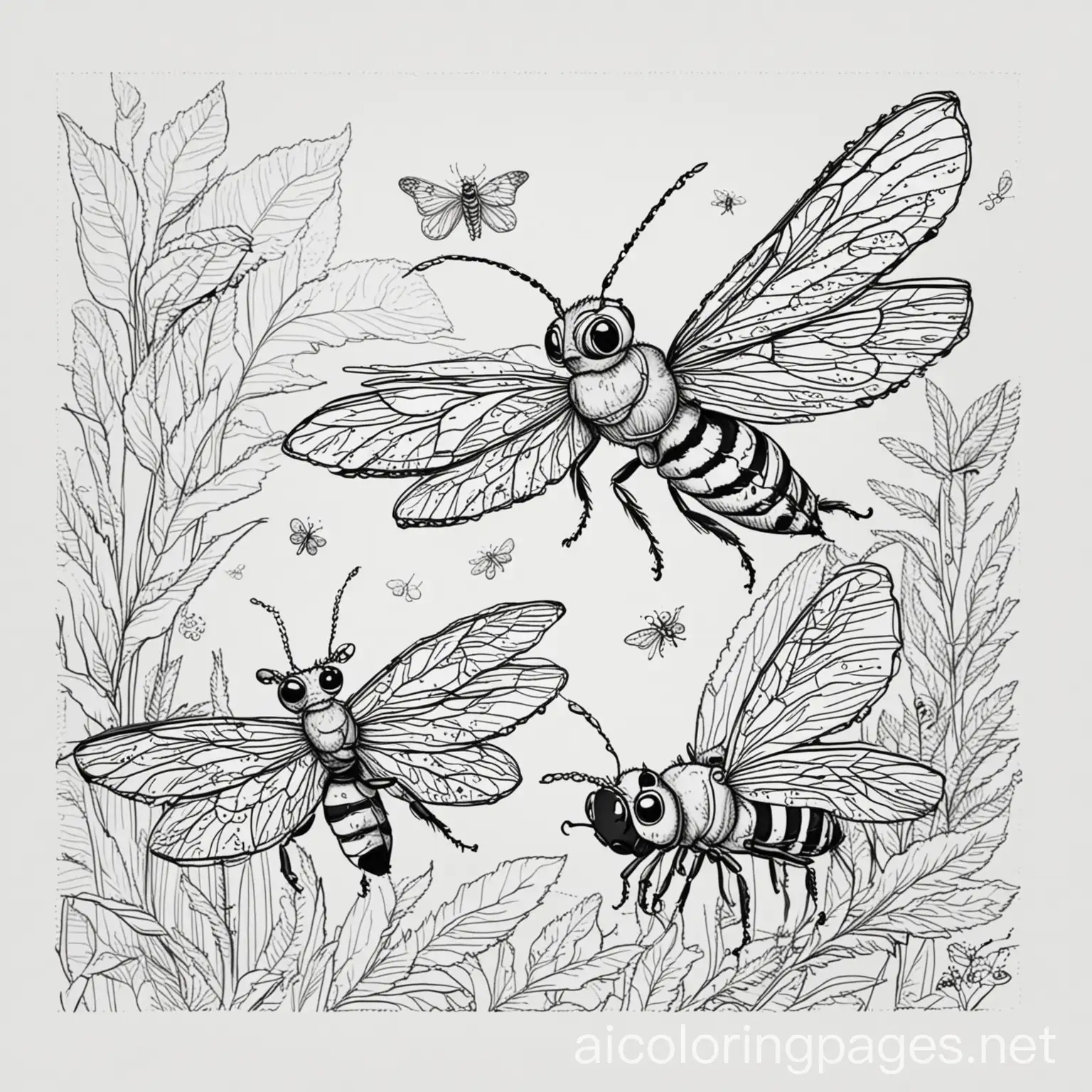 beautiful insects
 flying
, Coloring Page, black and white, line art, white background, Simplicity, Ample White Space. The background of the coloring page is plain white to make it easy for young children to color within the lines. The outlines of all the subjects are easy to distinguish, making it simple for kids to color without too much difficulty