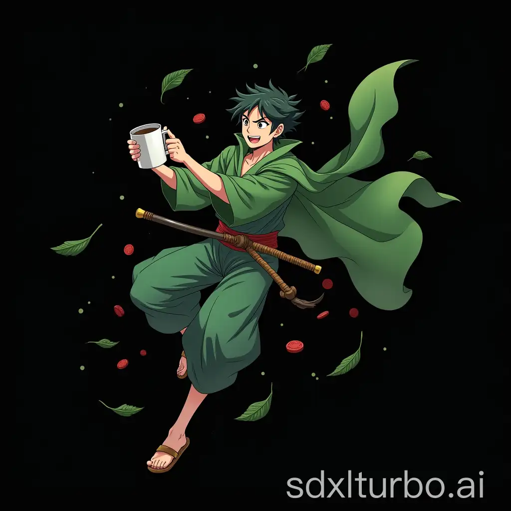 samurai, male, anime style, green cape, holding a mug in his hand, red coin, black background, whole figure, furious flight, smile, green leaves flying on the background